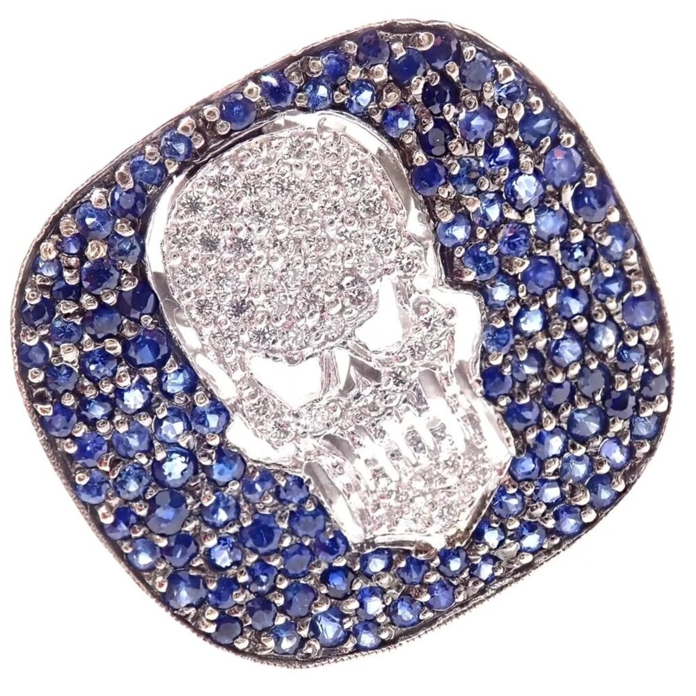 Authentic! Loree Rodkin 18k White Gold Diamond Sapphire Skull Ring Paper Box